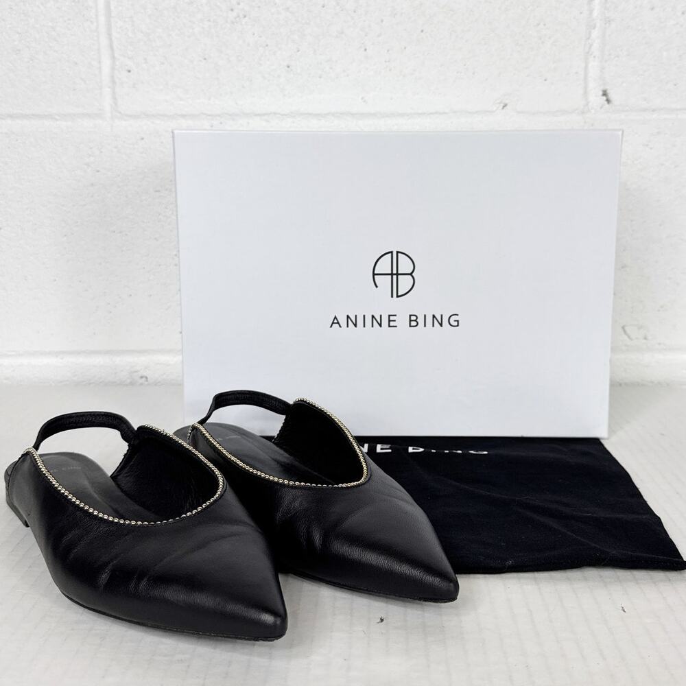 Anine Bing Black Leather Pointed Toe Slingback Flats with Crystal Trim